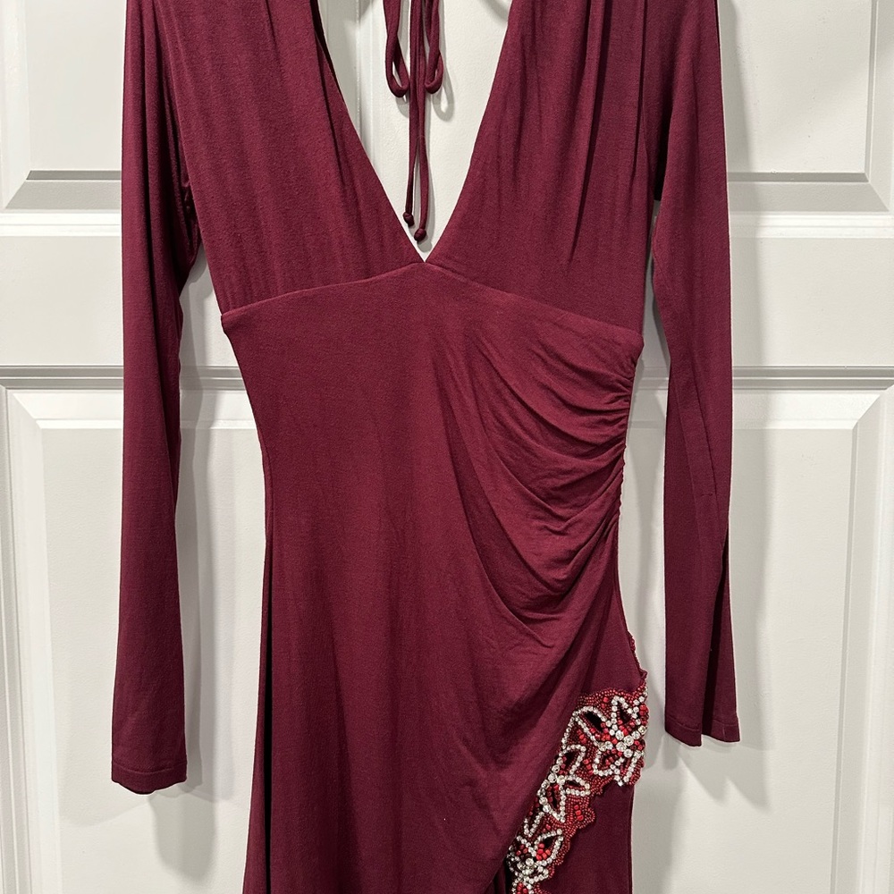 Sky Clothing Dress with crystals and slit Size Small Burgundy Maroon Color - Picture 4 of 7